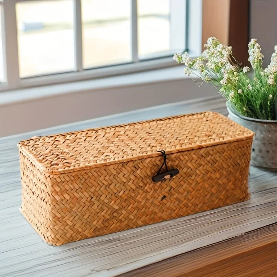 Rectangular hand-woven seagrass storage basket with lid and 3 sections