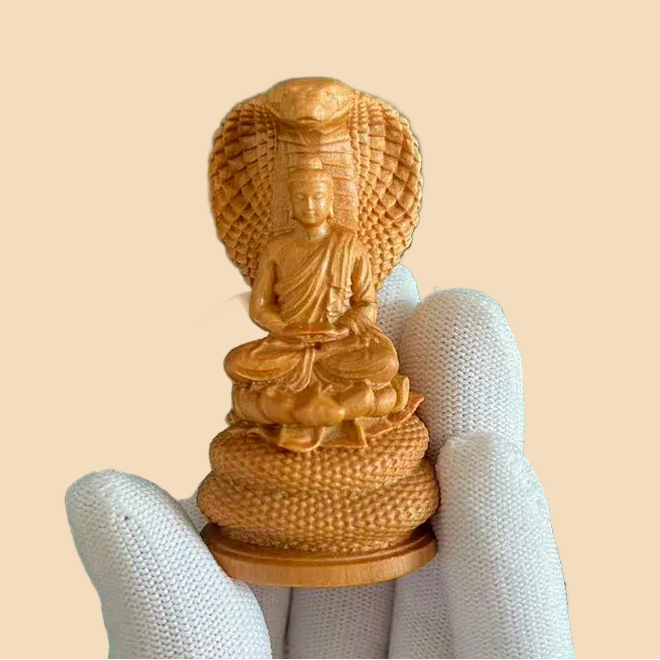 Hand-Carved Cypress Buddha with Naga Statue | Zen Decor