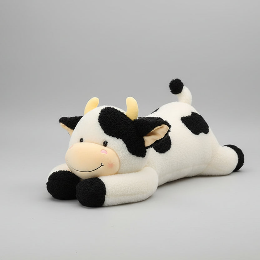 Giant black and white milk cow plush body pillow on bed