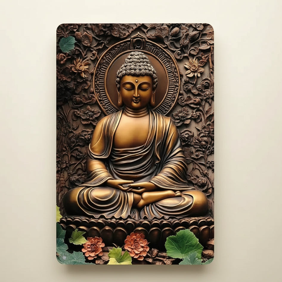 Decorative aluminum metal plaque sign featuring a 3D visual effect of a meditating Buddha, perfect for Zen room and wall decoration.