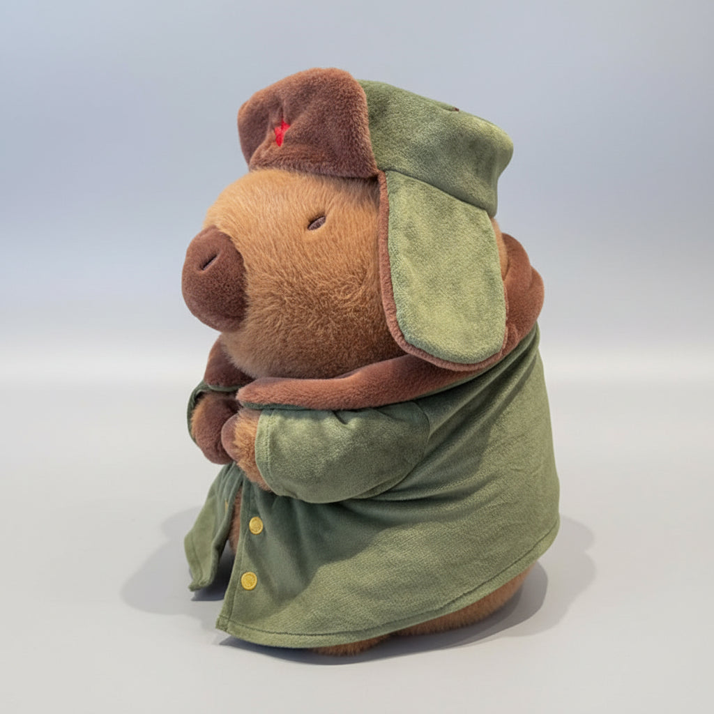Funny Capybara plush toy wearing green military winter coat and hat