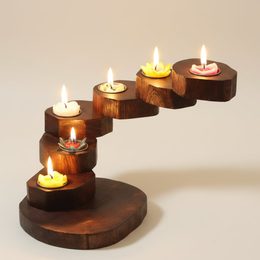 Hand-carved rustic wood candle holder featuring a multi-tier spiral design, ideal for a vintage dining table centerpiece and cozy home decor.