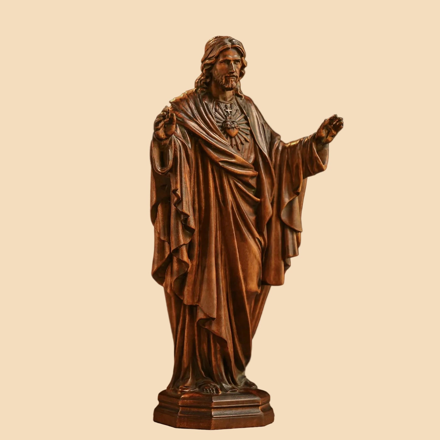 Hand-carved solid wood Sacred Heart Jesus statue featuring retro finish, perfect for Catholic home decor and religious gifts.