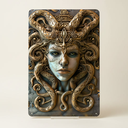 Decorative aluminum metal plaque sign featuring a striking 3D visual relief effect of Medusa from Greek mythology, perfect for gothic wall art.