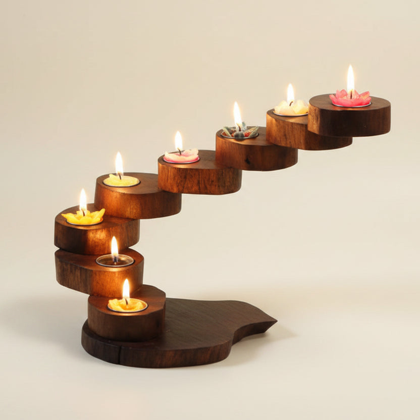 Hand-carved rustic wood candle holder featuring a multi-tier spiral design, ideal for a vintage dining table centerpiece and cozy home decor.