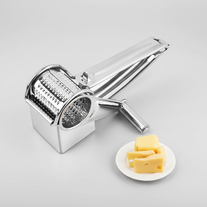 and using heavy duty stainless steel rotary cheese grater on wooden board