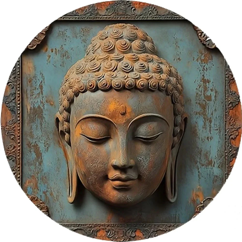 Vintage rustic Buddha metal tin sign, 20x20cm circular 2D flat wall art designed for peaceful Zen room decoration.