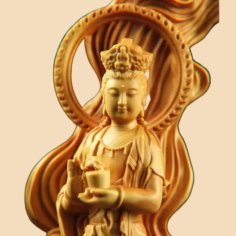 Hand-carved solid wood Sea-Crossing Guanyin statue, Goddess of Mercy, perfect for Feng Shui and Zen home decor.