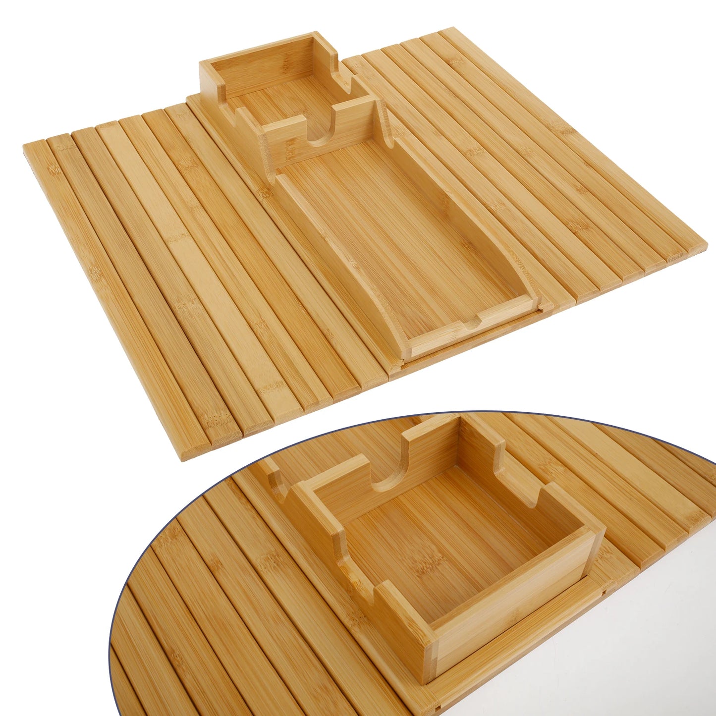 2-in-1 bamboo sofa tray table holding a white coffee mug and smartphone on a living room couch