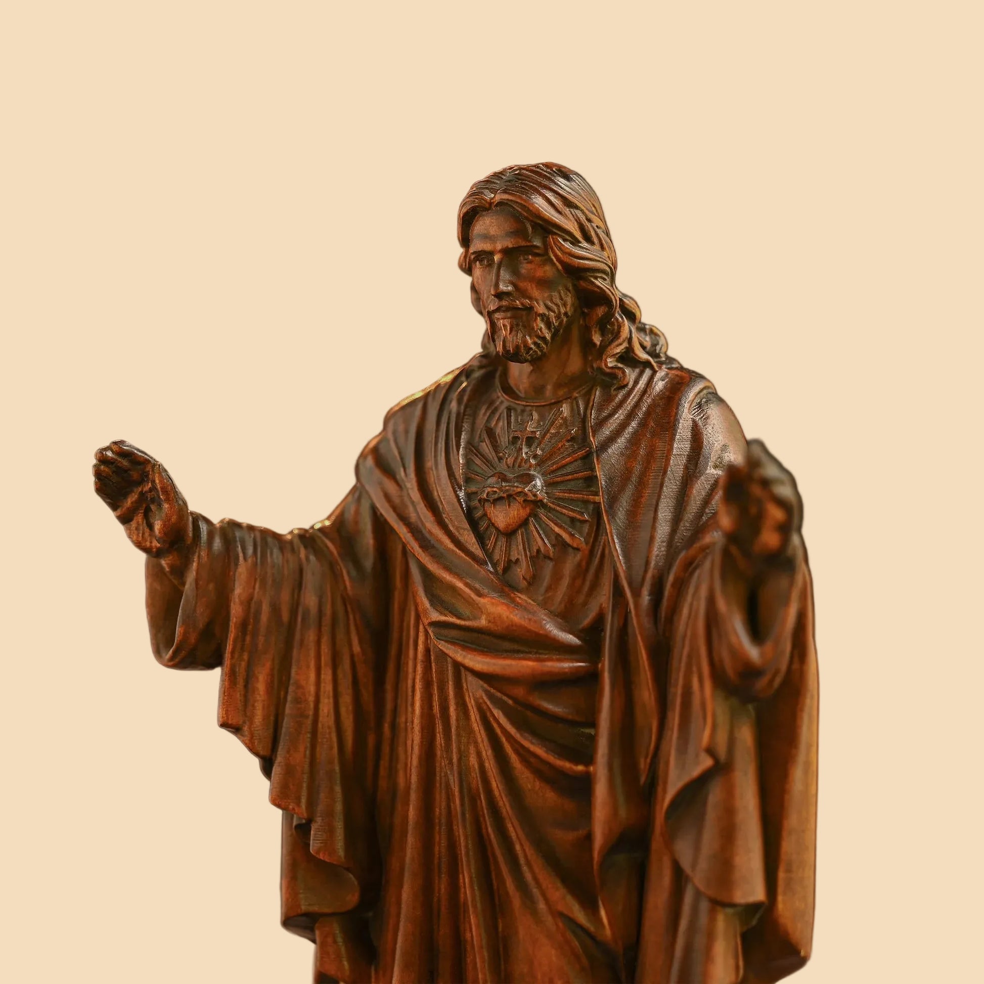 Hand-carved solid wood Sacred Heart Jesus statue featuring retro finish, perfect for Catholic home decor and religious gifts.