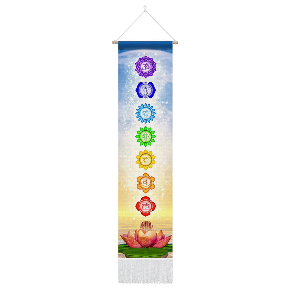 Vibrant seven chakra tapestry wall hanging, perfect for yoga rooms and bedroom hippie decor.