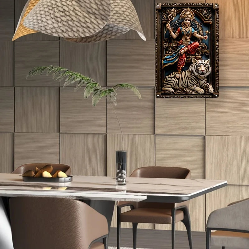 Decorative aluminum metal wall art featuring a 3D visual effect of the Hindu Goddess Durga riding a tiger, perfect for spiritual home protection.