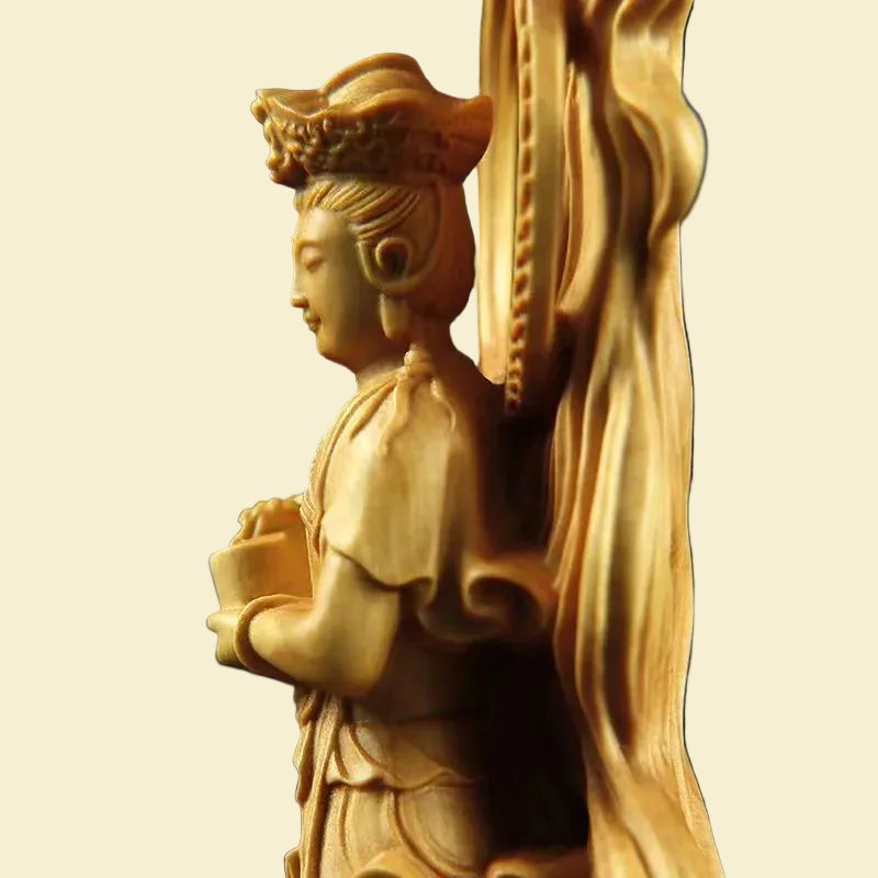Hand-carved solid wood Sea-Crossing Guanyin statue, Goddess of Mercy, perfect for Feng Shui and Zen home decor.