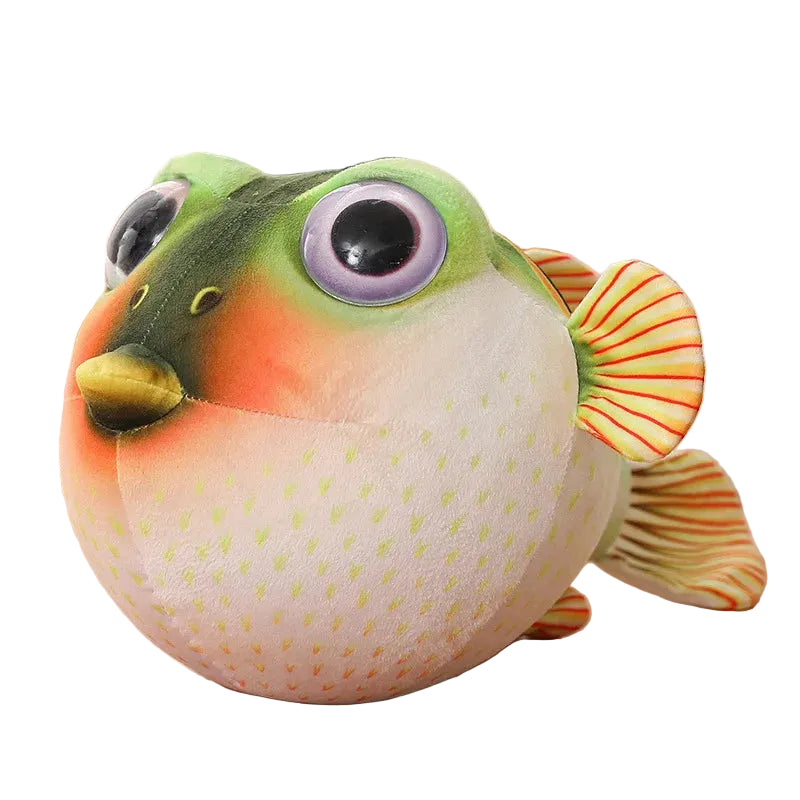 A lifelike green and orange pufferfish plush toy with large eyes and soft fins.