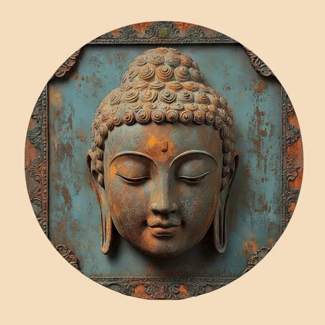 Vintage rustic Buddha metal tin sign, 20x20cm circular 2D flat wall art designed for peaceful Zen room decoration.
