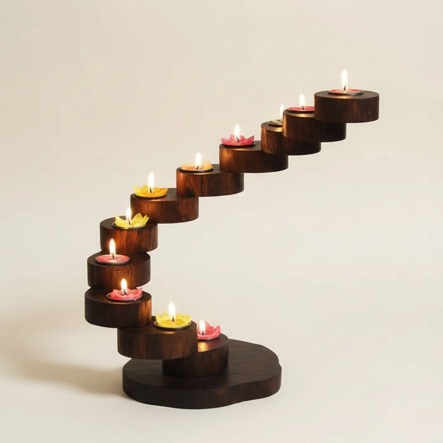 Hand-carved rustic wood candle holder featuring a multi-tier spiral design, ideal for a vintage dining table centerpiece and cozy home decor.