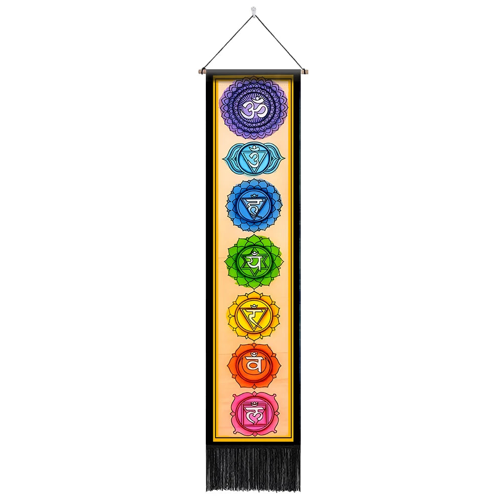 Vibrant seven chakra tapestry wall hanging, perfect for yoga rooms and bedroom hippie decor.