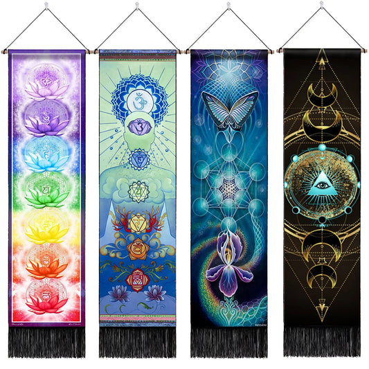 Vibrant seven chakra tapestry wall hanging, perfect for yoga rooms and bedroom hippie decor.