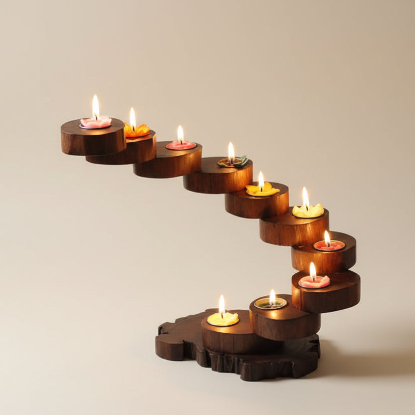 Hand-carved rustic wood candle holder featuring a multi-tier spiral design, ideal for a vintage dining table centerpiece and cozy home decor.