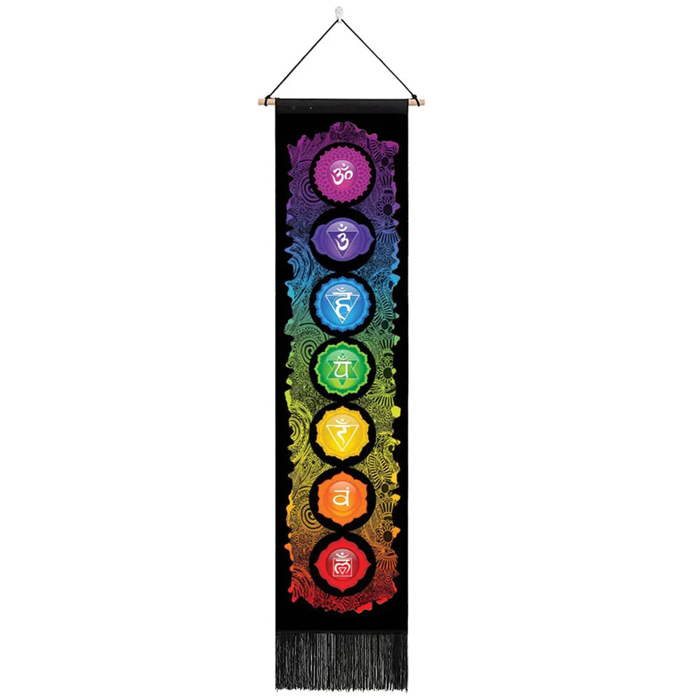 Vibrant seven chakra tapestry wall hanging, perfect for yoga rooms and bedroom hippie decor.