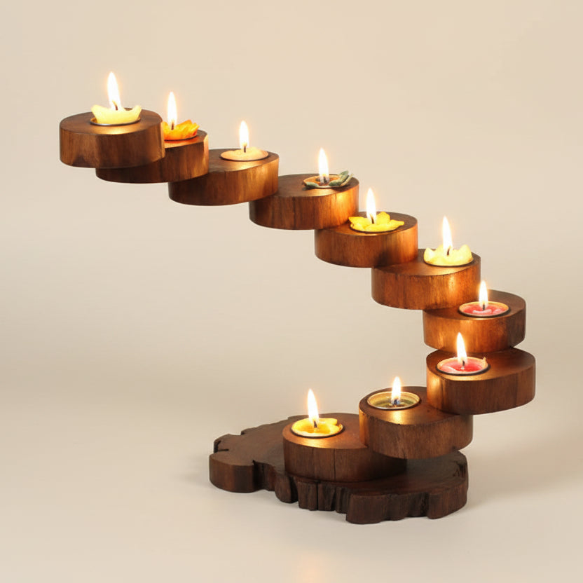 Hand-carved rustic wood candle holder featuring a multi-tier spiral design, ideal for a vintage dining table centerpiece and cozy home decor.