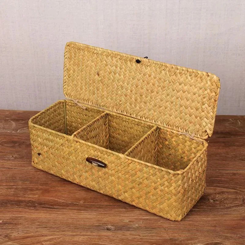 Rectangular hand-woven seagrass storage basket with lid and 3 sections