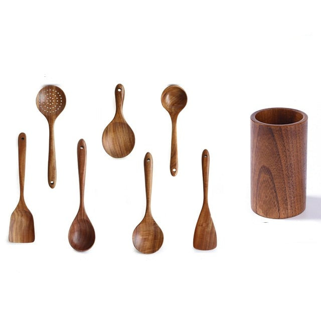 Natural Wooden Spoon Scoop Cooking Tool Set