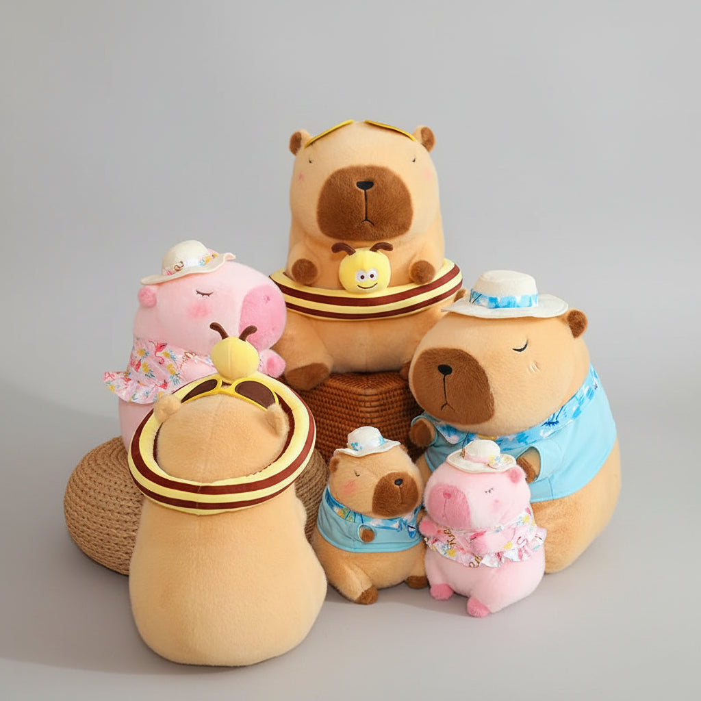 Cute Capybara plush toy wearing yellow bee swim ring summer decor