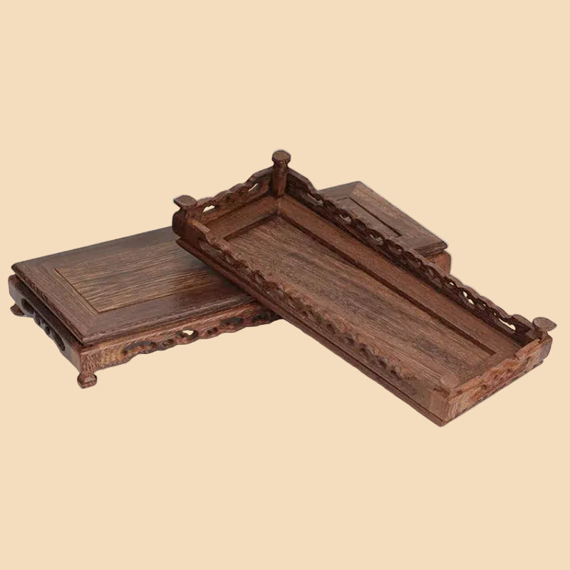 Hand-carved rectangular oriental wooden display stand made from premium chicken wing wood, with intricate details for displaying vases and teapots.