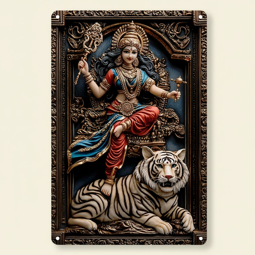 Decorative aluminum metal wall art featuring a 3D visual effect of the Hindu Goddess Durga riding a tiger, perfect for spiritual home protection.