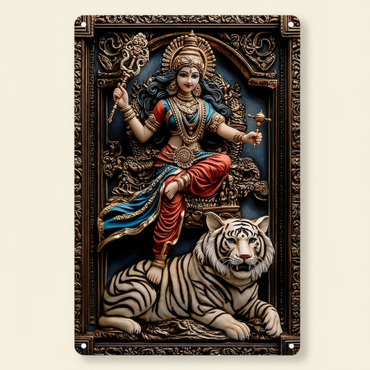Decorative aluminum metal wall art featuring a 3D visual effect of the Hindu Goddess Durga riding a tiger, perfect for spiritual home protection.