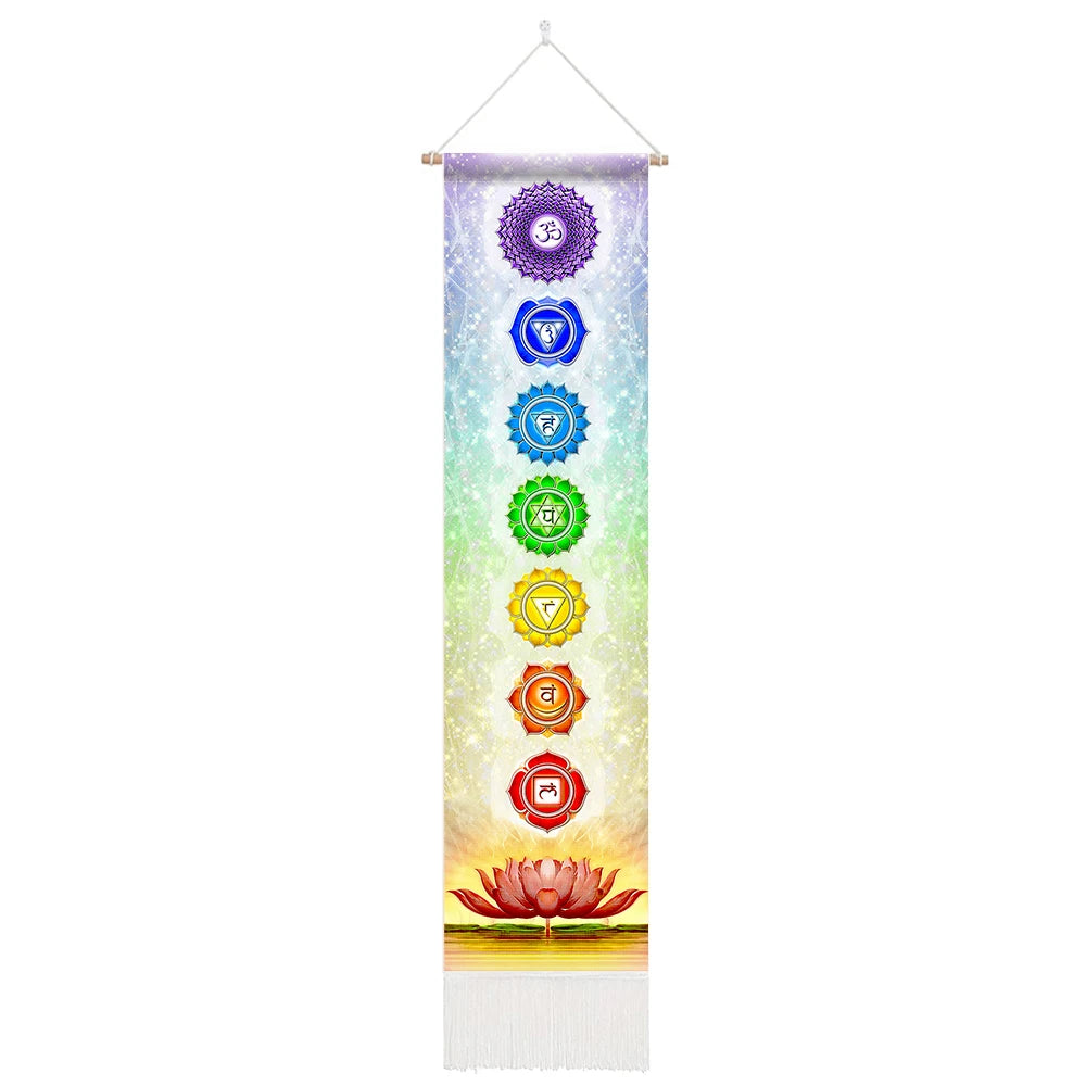 Vibrant seven chakra tapestry wall hanging, perfect for yoga rooms and bedroom hippie decor.