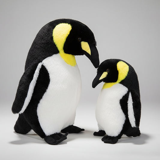 "Giant realistic Emperor penguin plush toy, soft stuffed animal body pillow held by woman to show large size."