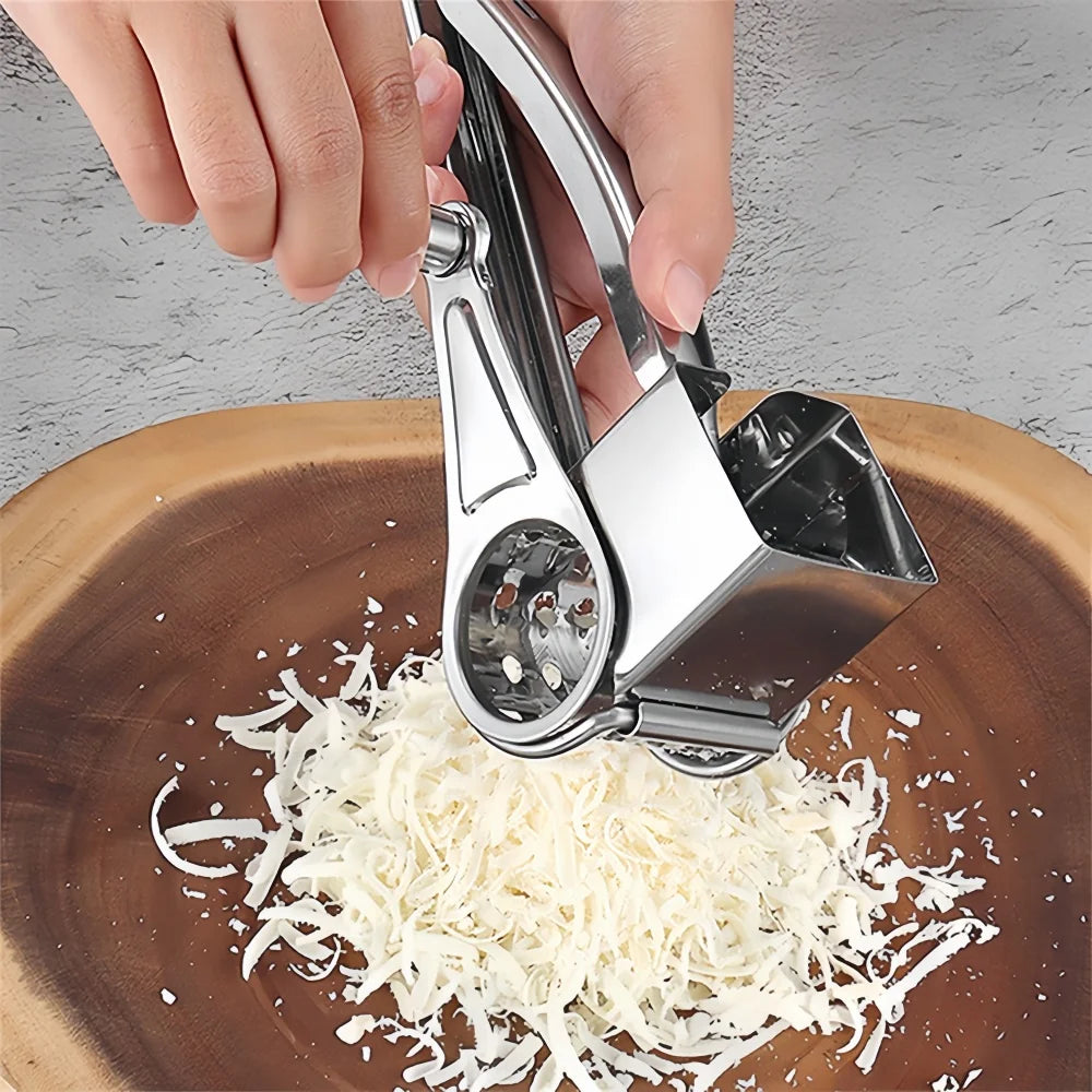 and using heavy duty stainless steel rotary cheese grater on wooden board