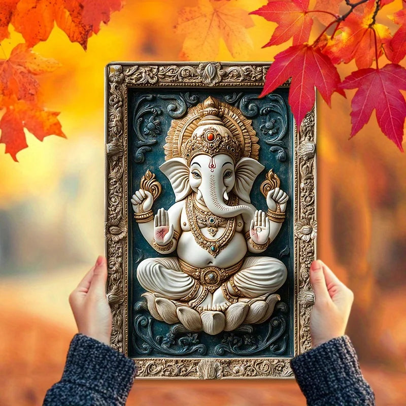 Modern aluminum metal wall decor featuring a 3D visual effect of the Ganesha Hindu gods elephant, perfect for spiritual home decoration.