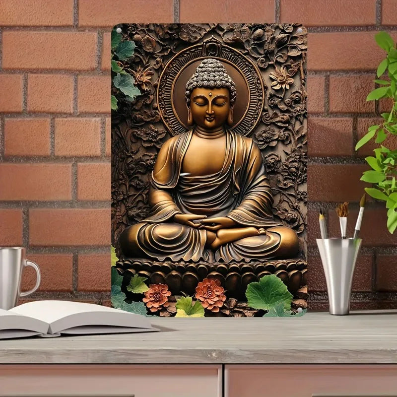 Decorative aluminum metal plaque sign featuring a 3D visual effect of a meditating Buddha, perfect for Zen room and wall decoration.