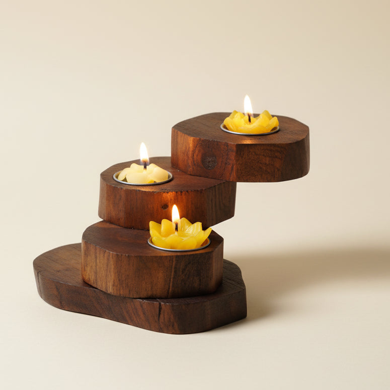 Hand-carved rustic wood candle holder featuring a multi-tier spiral design, ideal for a vintage dining table centerpiece and cozy home decor.