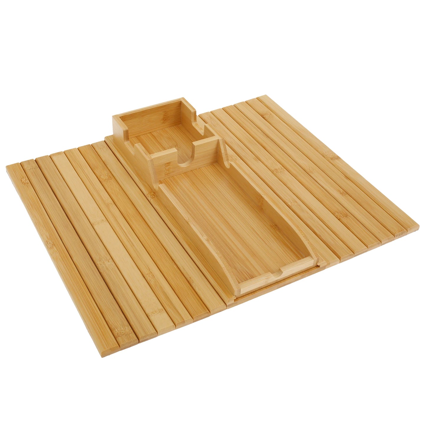 2-in-1 bamboo sofa tray table holding a white coffee mug and smartphone on a living room couch