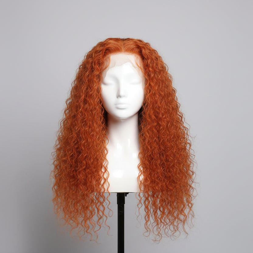 Black woman wearing long voluminous water wave ginger lace front wig