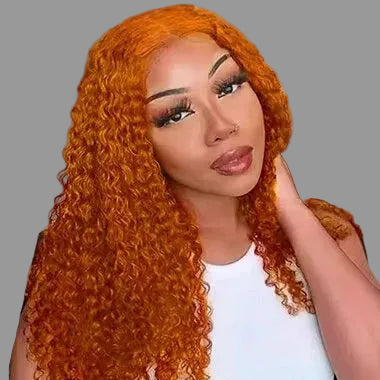 Black woman wearing long voluminous water wave ginger lace front wig