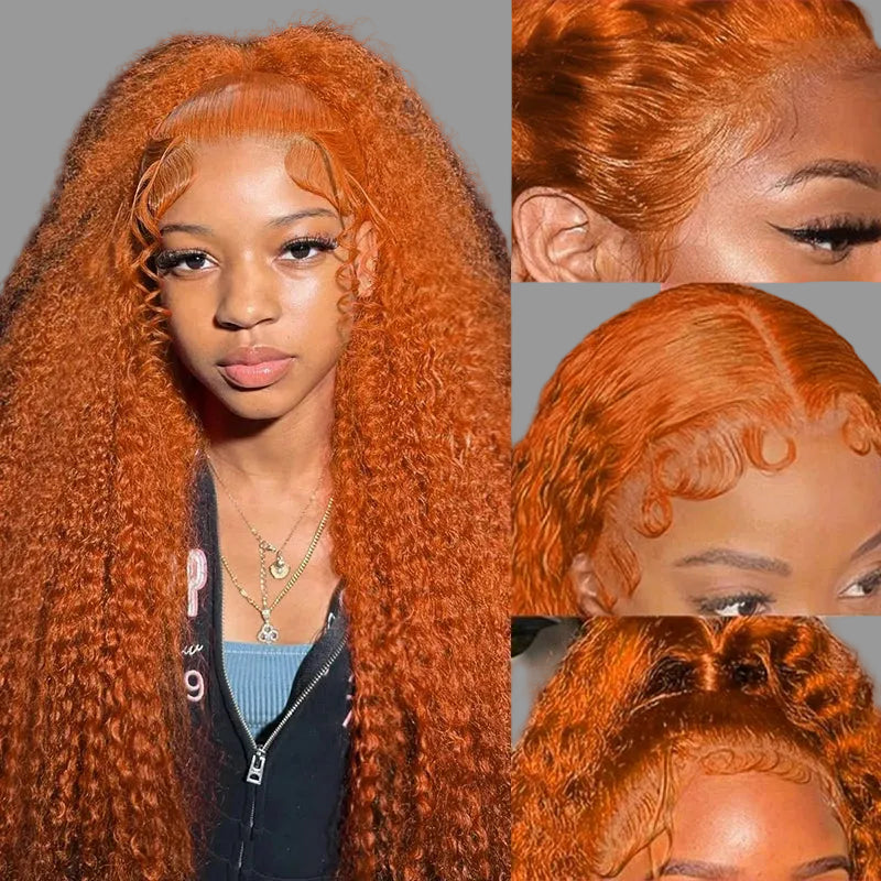 Black woman wearing long voluminous water wave ginger lace front wig