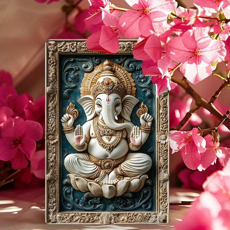 Modern aluminum metal wall decor featuring a 3D visual effect of the Ganesha Hindu gods elephant, perfect for spiritual home decoration.