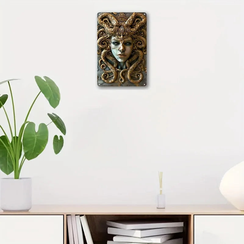 Decorative aluminum metal plaque sign featuring a striking 3D visual relief effect of Medusa from Greek mythology, perfect for gothic wall art.