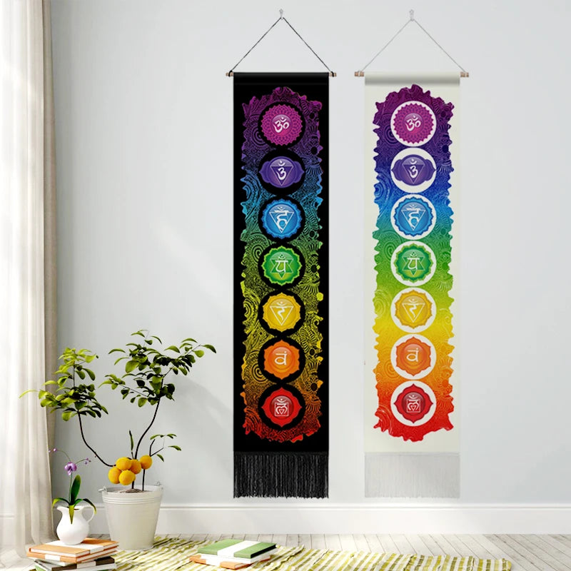 Vibrant seven chakra tapestry wall hanging, perfect for yoga rooms and bedroom hippie decor.