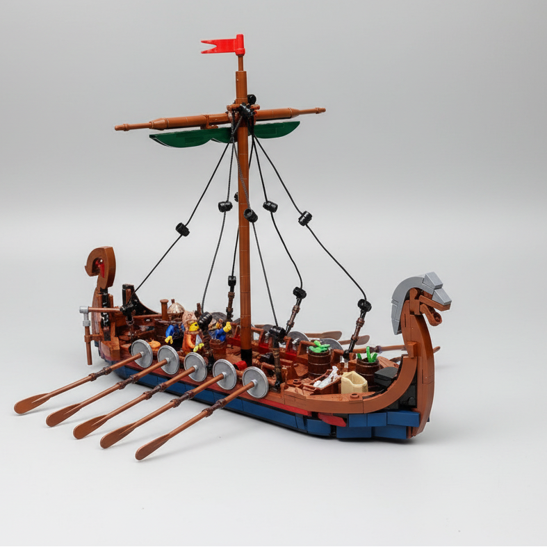 Medieval Viking Longship MOC building blocks set with oars and red sail