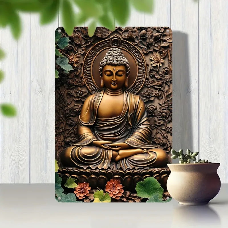Decorative aluminum metal plaque sign featuring a 3D visual effect of a meditating Buddha, perfect for Zen room and wall decoration.