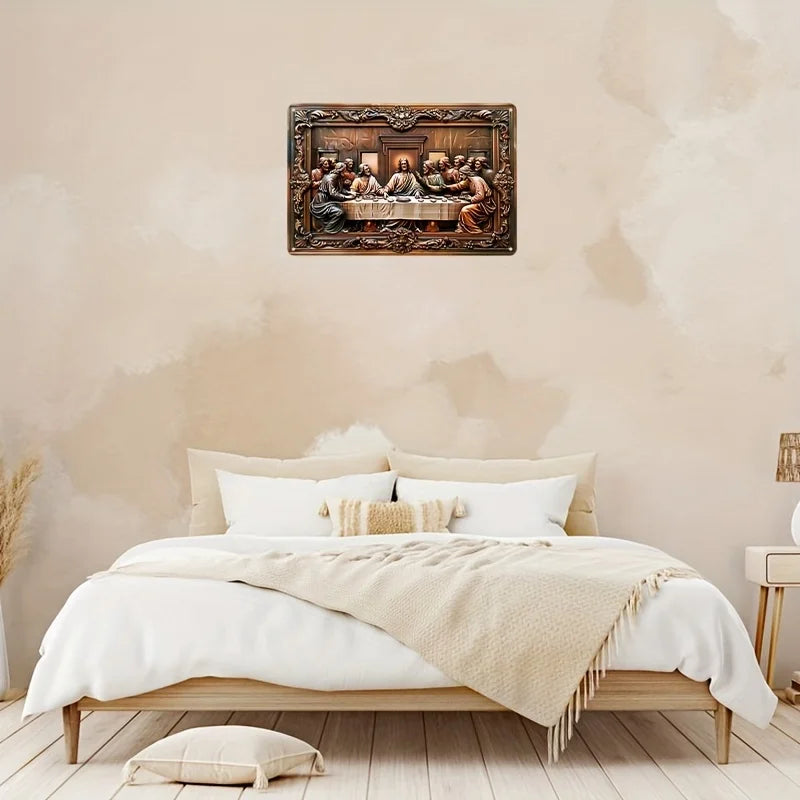 Classic aluminum metal wall art featuring a 3D visual relief effect of The Last Supper, perfect for religious dining room decor.
