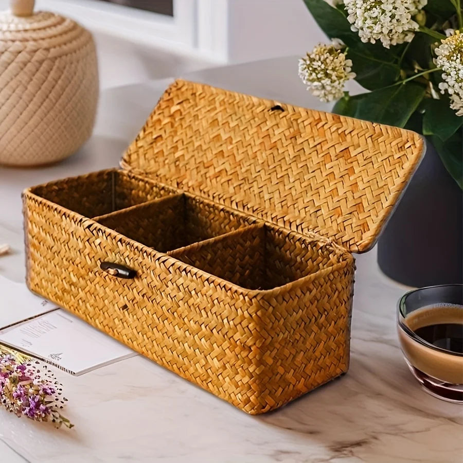 Rectangular hand-woven seagrass storage basket with lid and 3 sections