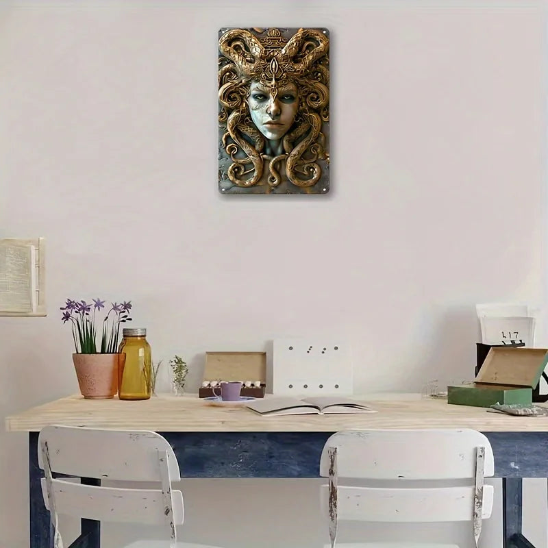 Decorative aluminum metal plaque sign featuring a striking 3D visual relief effect of Medusa from Greek mythology, perfect for gothic wall art.