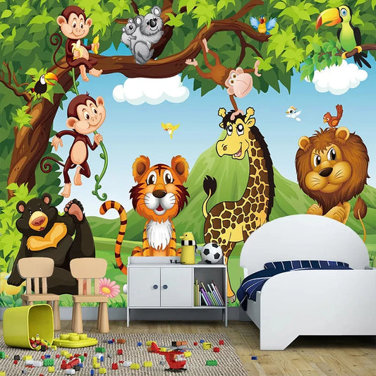 Cartoon Jungle Animal  Mural Wallpaper Kids Room